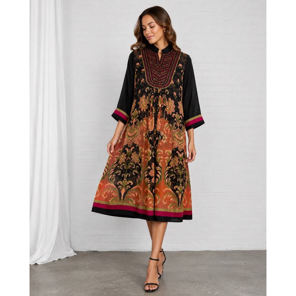 Ritu Kumar Dress Medium Black Floral Embroidered Boho Sheer Midi India Viscose